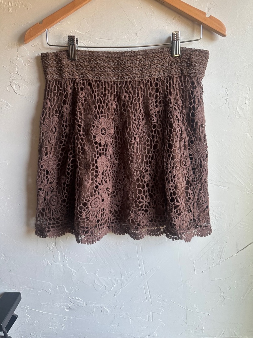 Brown Crochet Lace Mini‎ Skirt Coquette Boho Balletcore Festival Sz S/M